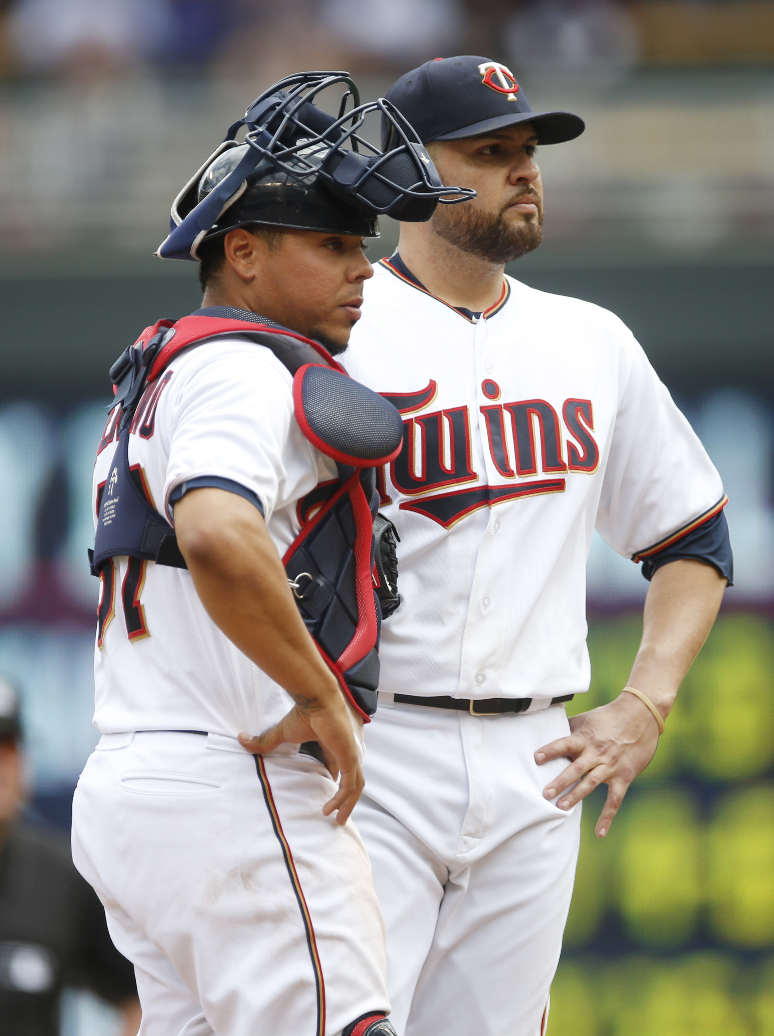 Twins Brian Dozier got a baseball stuck in the outfield padding